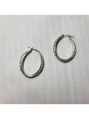 Monet Silver-Tone Classic Lightweight Oval Hoop Earrings With Clear Rhinestones